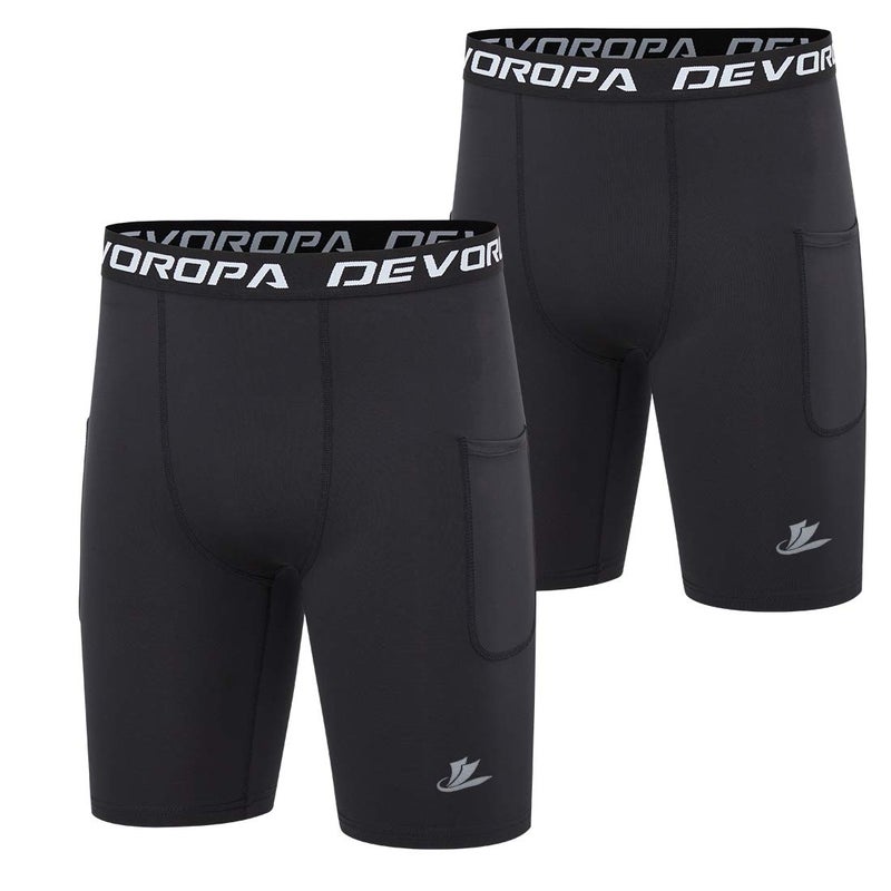 DEVOROPA Youth Boys' Compression Shorts Performance Athletic Base Layers Workout Training Underwear Side Pocket Black/Black L (Pack of 2) - Image 1